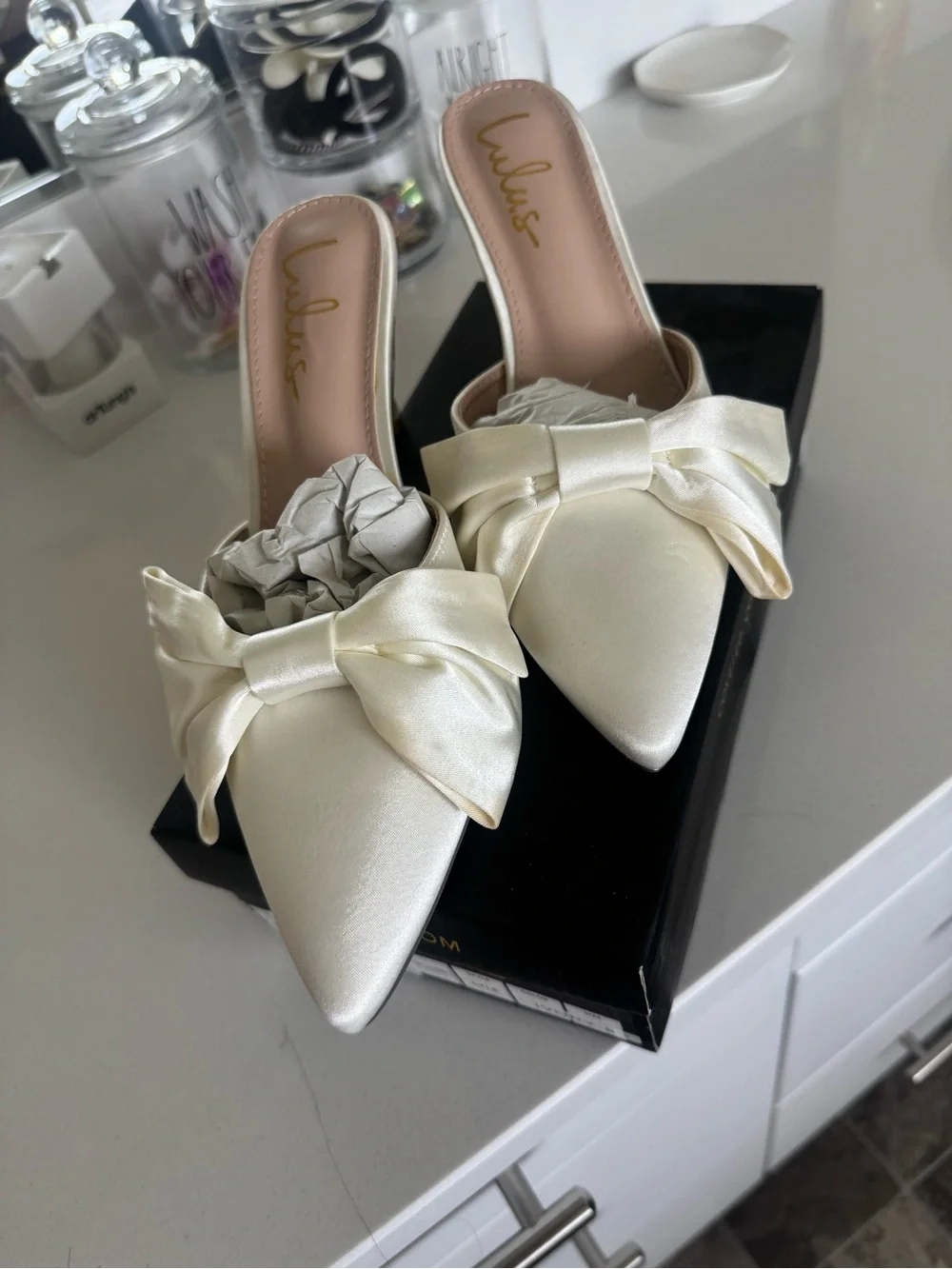 Lulu's Ivory Satin Bow Pointed Mules with Slip-On Back